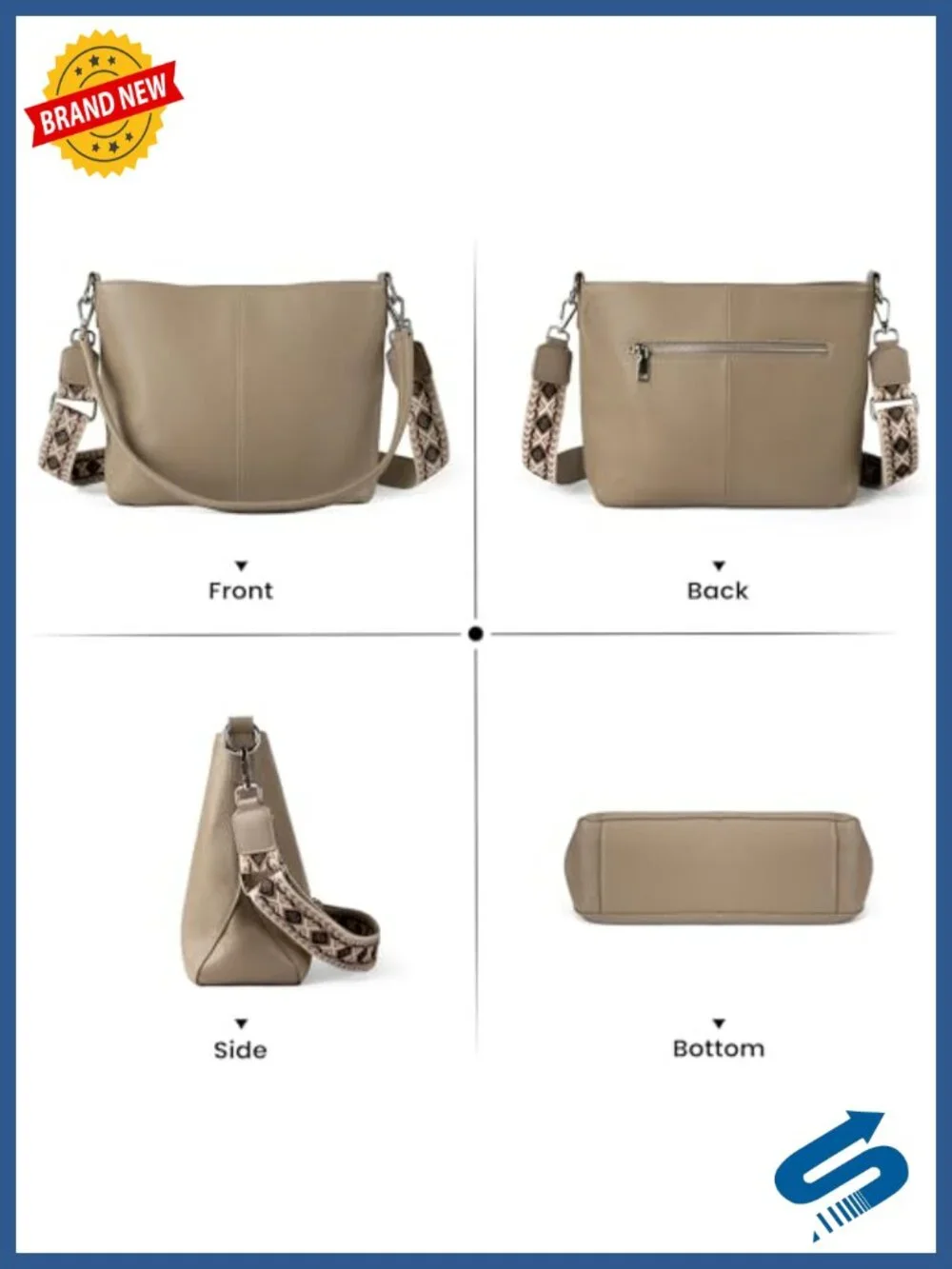 Genuine Leather Hobo Crossbody Bag with 2 Removable Straps
